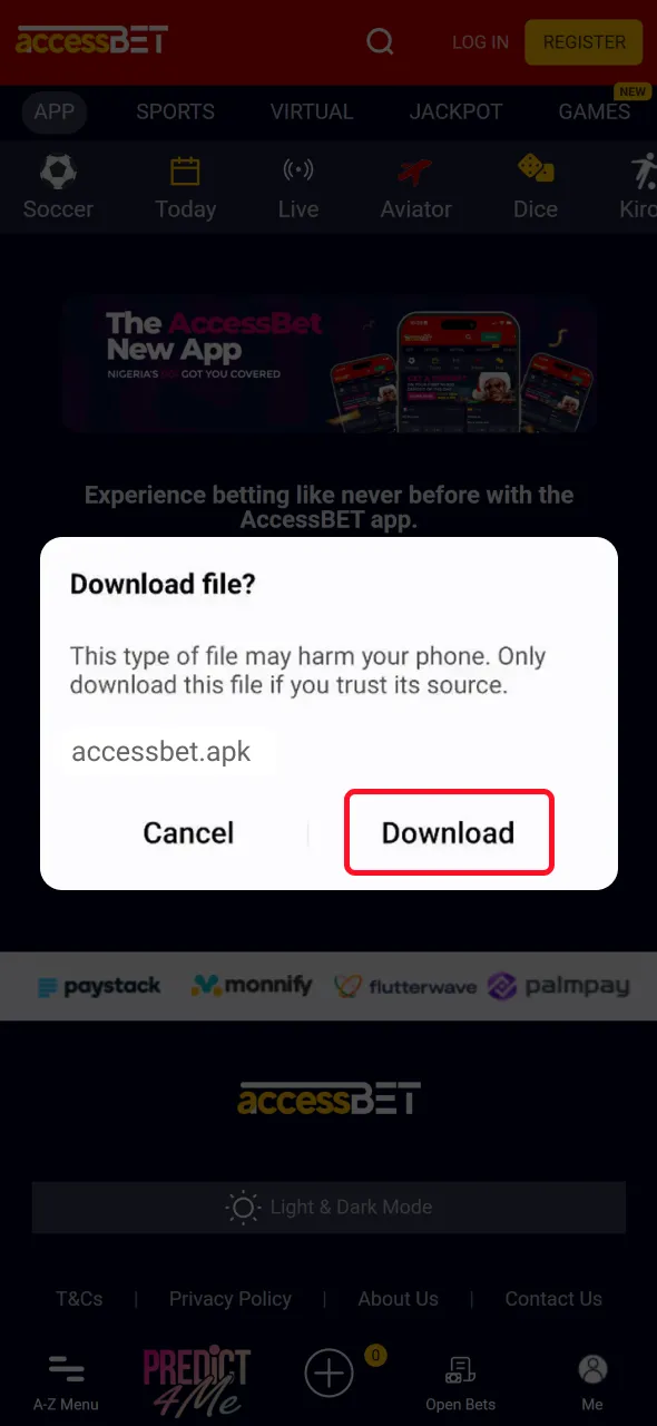 Download the APK file to get AccessBet Android app.
