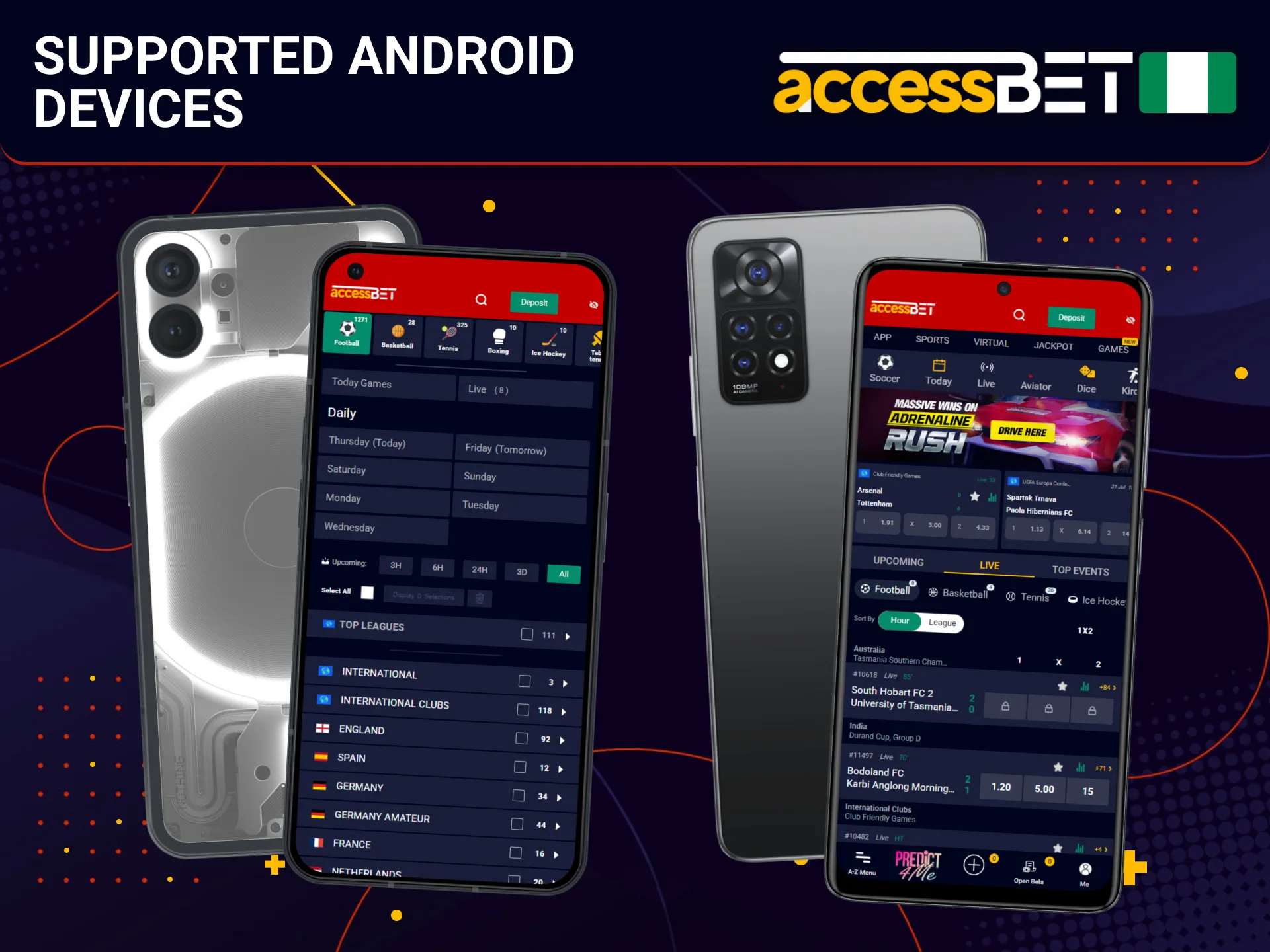 Supported Android phones work well with AccessBet app in Nigeria.
