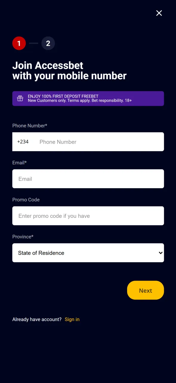 Create an account through AccessBet app to get the bonus.