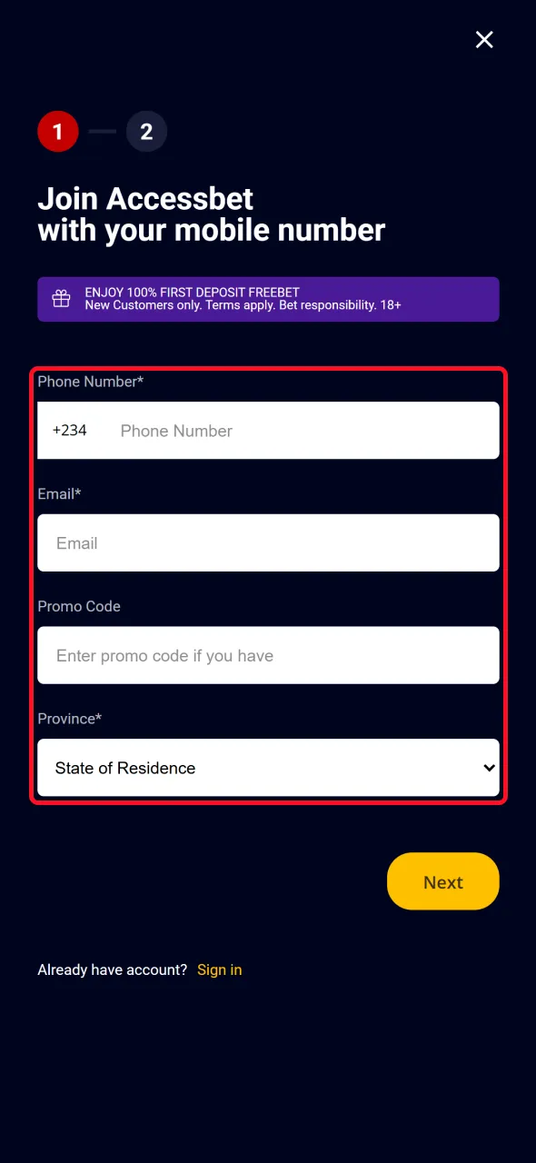 Fill in details to register via the AccessBet Nigeria app.