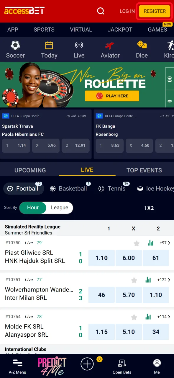Tap register in the app to create your AccessBet account.