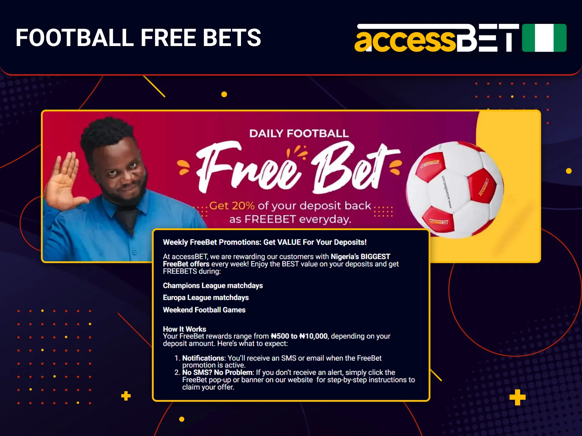 Nigerian football fans enjoy AccessBet free bets weekly.
