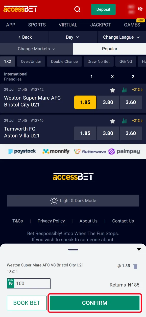 Confirm your selections and place a bet on AccessBet.