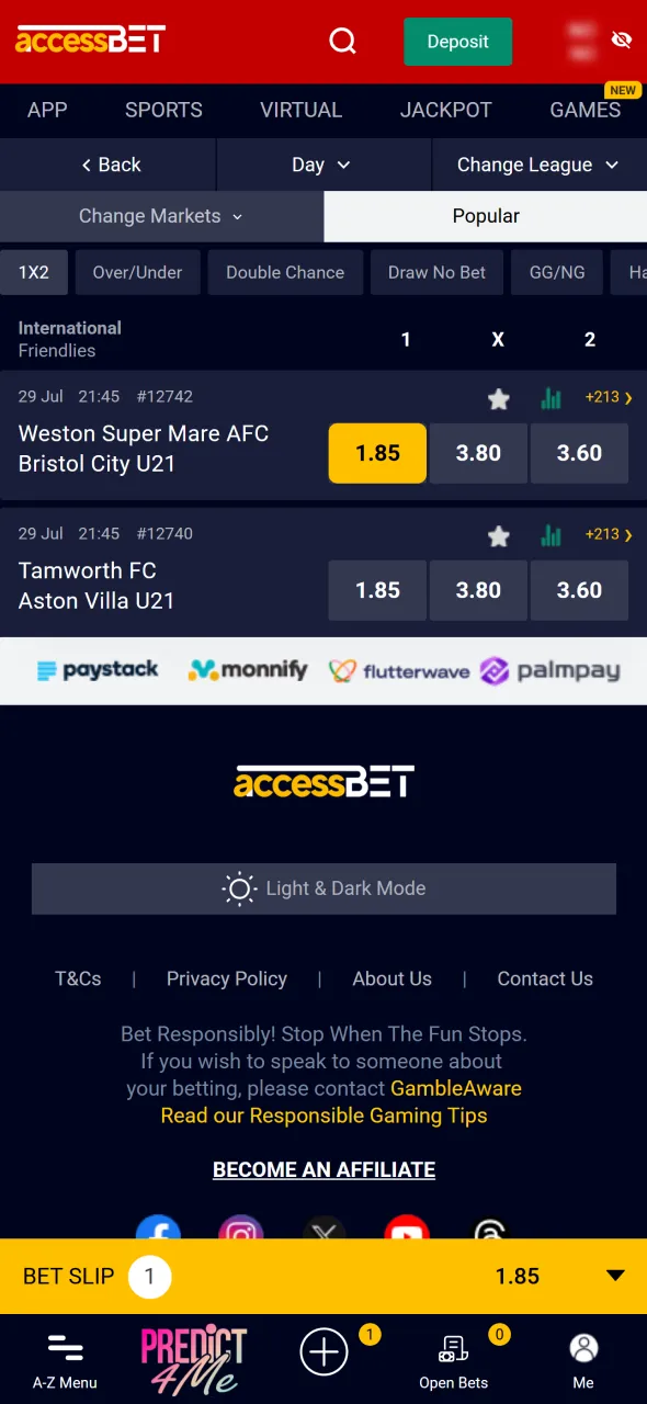 Select betting markets on AccessBet for Nigerian matches.
