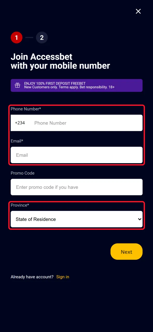 Complete the AccessBet form with correct details to register.