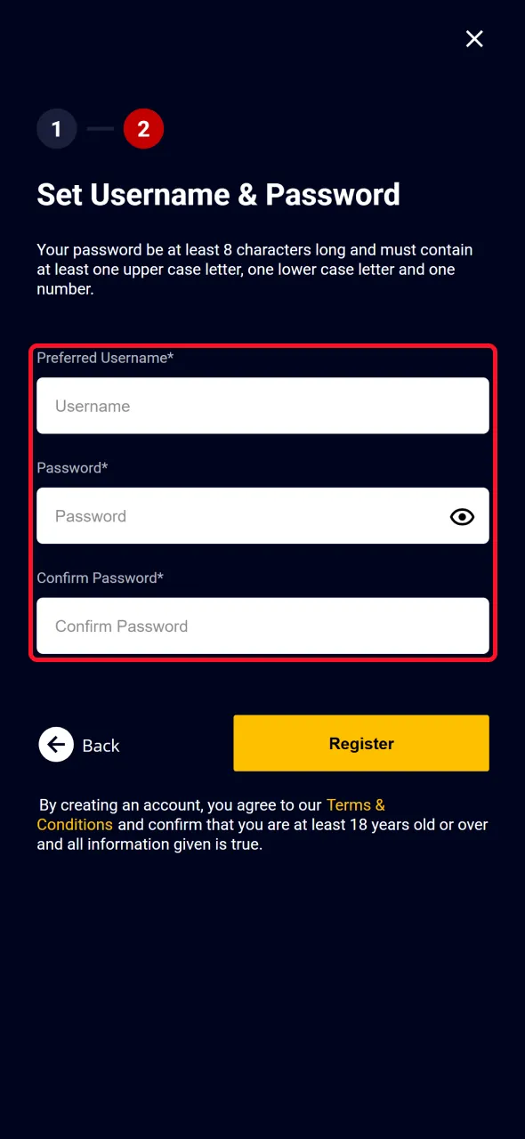 Set login credentials to finish your AccessBet Nigeria registration.