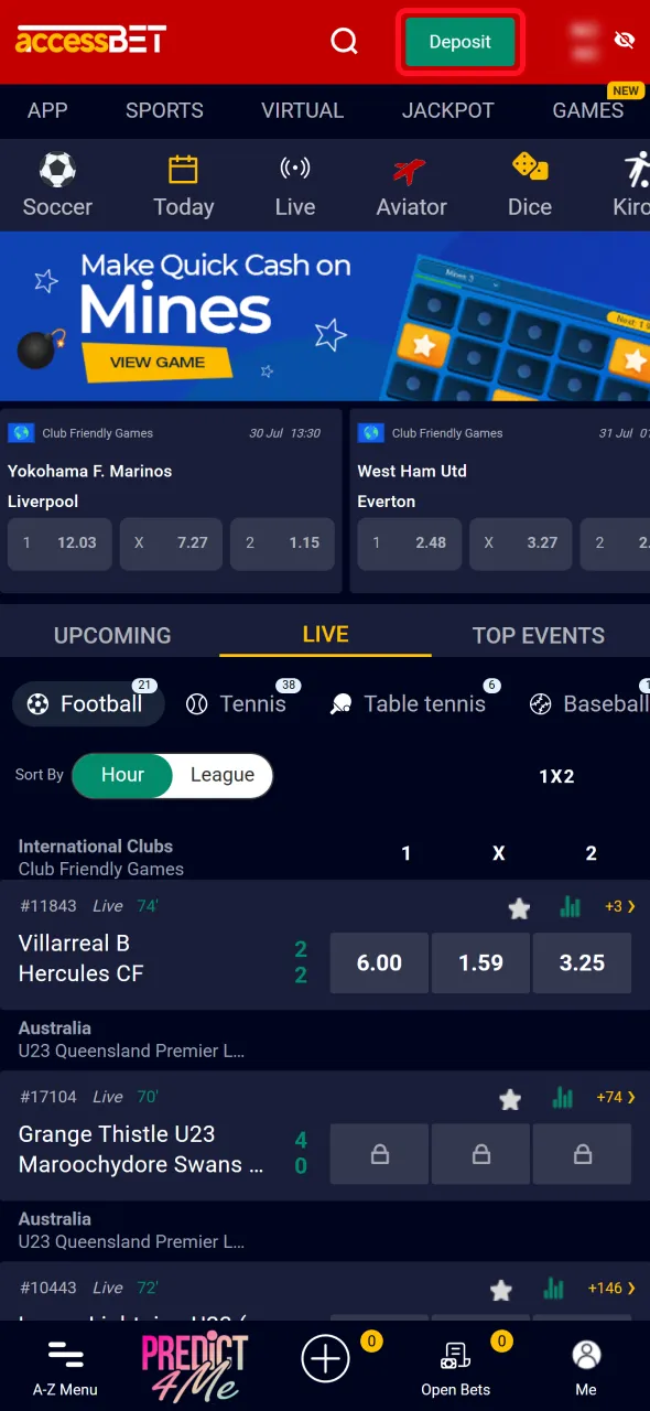 Click the deposit button to fund your AccessBet account.
