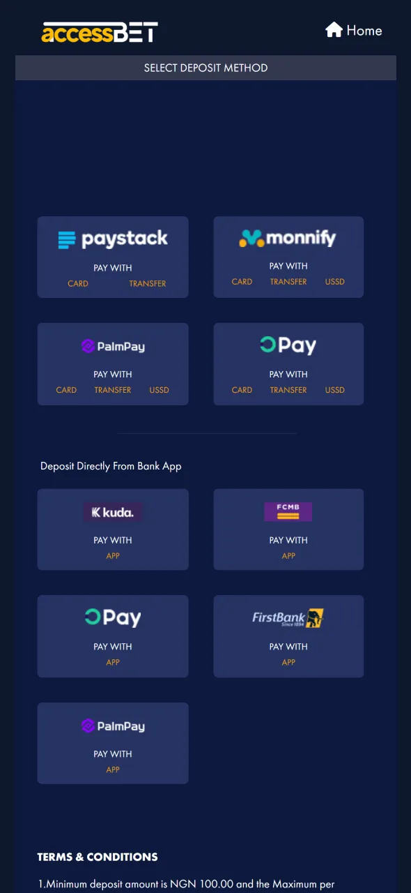 Choose payment method to deposit on AccessBet Nigeria.