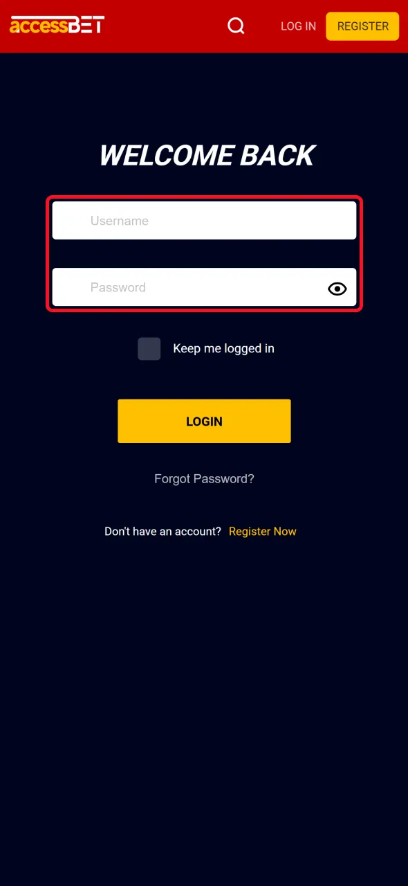 Enter login information to access your AccessBet account.