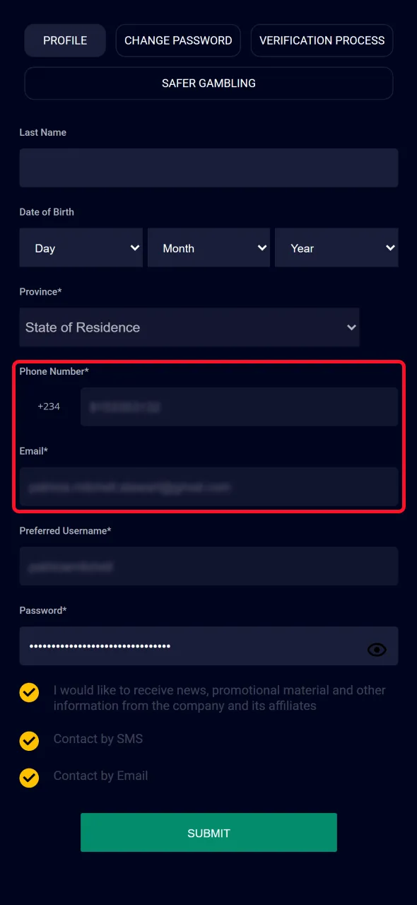 Nigerian players confirm contacts to verify their AccessBet account.