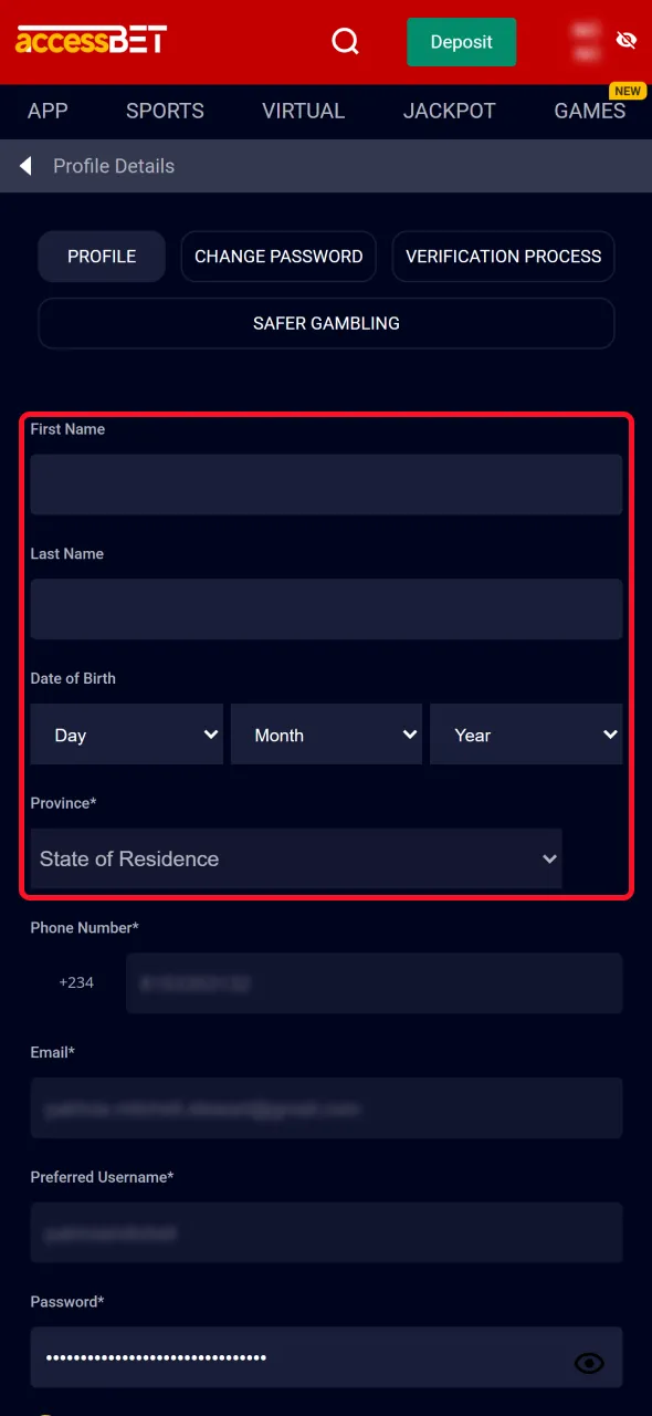 Enter details correctly to complete AccessBet Nigeria verification.
