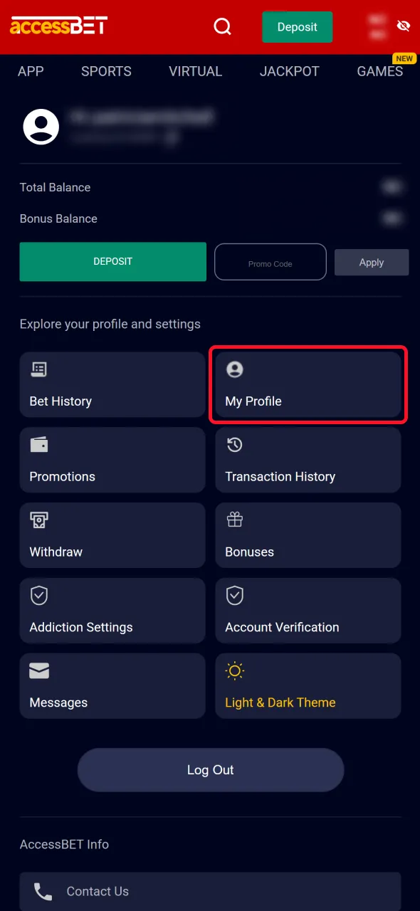 Visit the profile section to start AccessBet account verification.