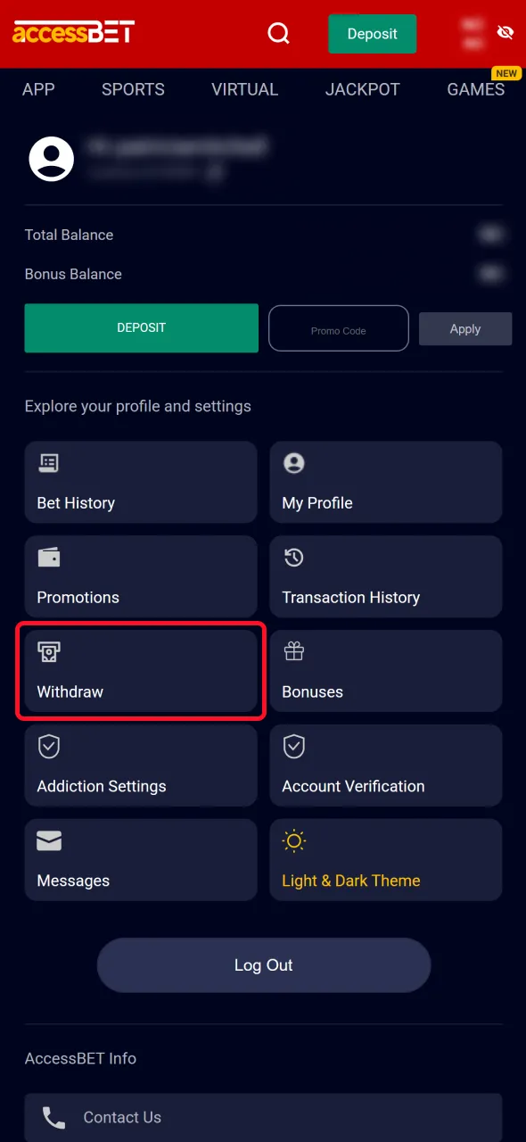 Go to withdraw section on AccessBet account.