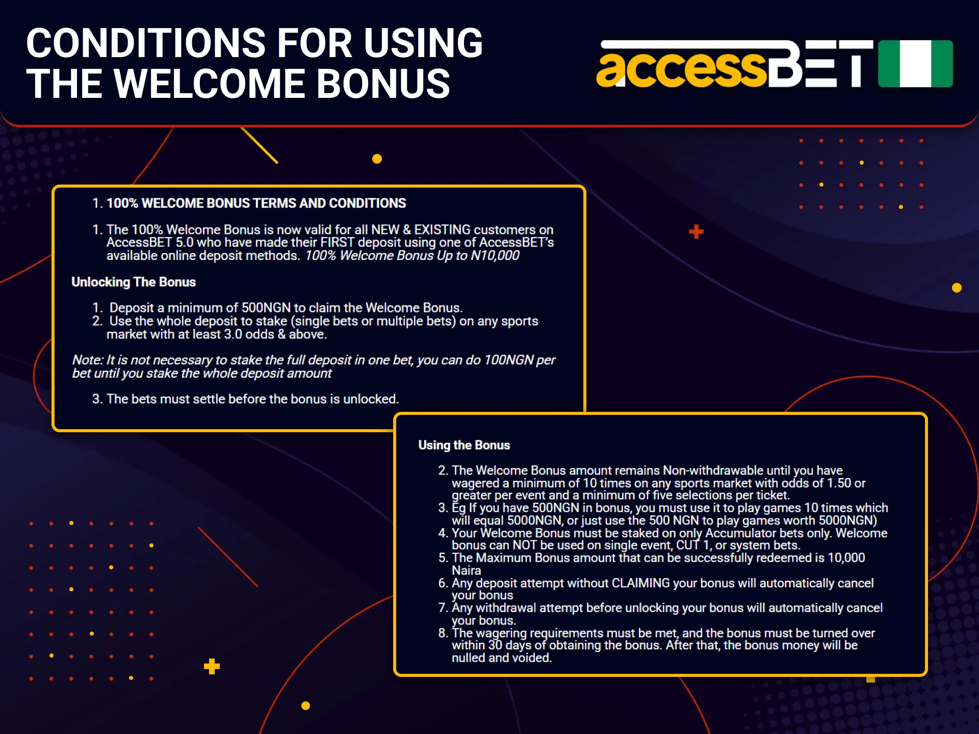 Review AccessBet conditions before using your welcome bonus successfully.
