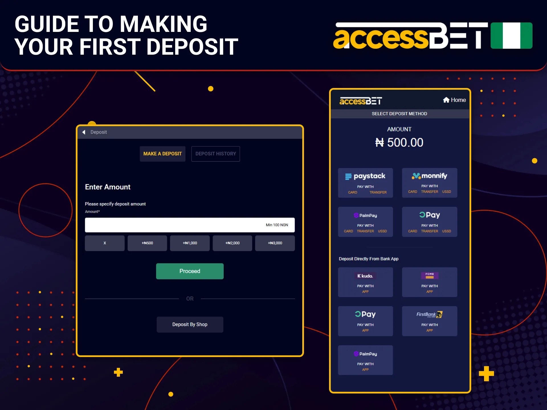 Follow AccessBet's guide to make your first deposit as a new user.