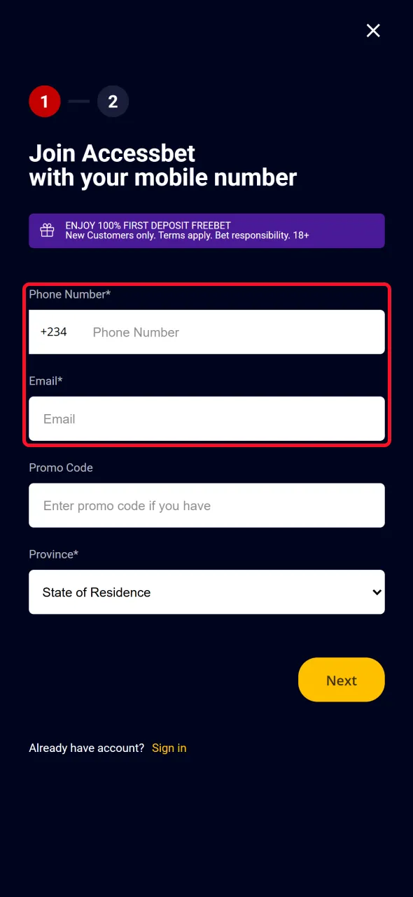 Enter all required personal details to register and receive a bonus at Accessbet.