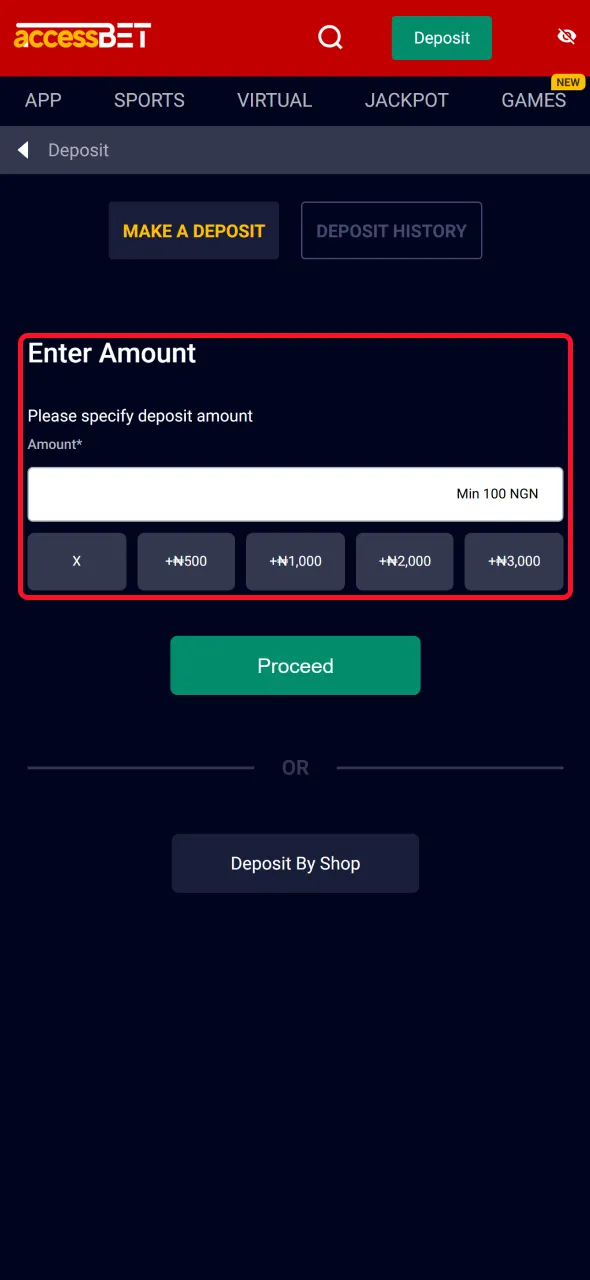 Enter deposit amount and continue with AccessBet transaction.