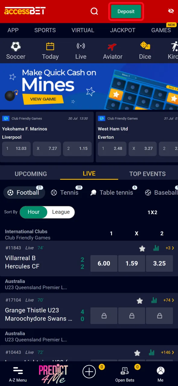 Open the deposit page on AccessBet to fund your account.