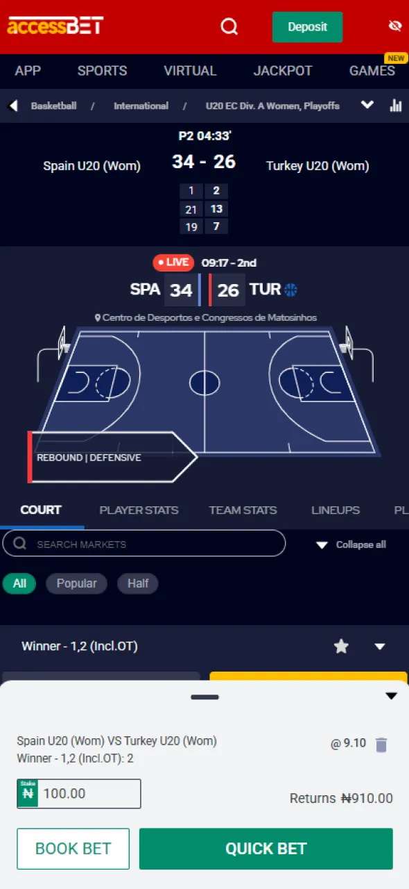 Place your live bet in the AccessBet app with one click.