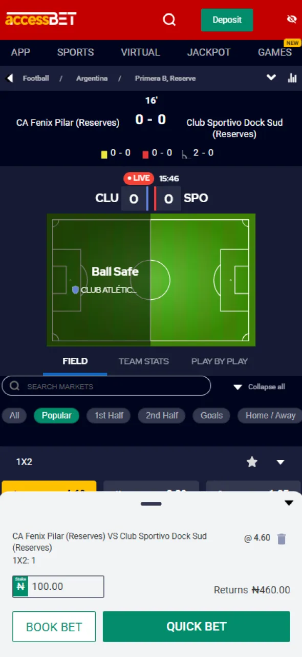 Select a live match and start betting with AccessBet.
