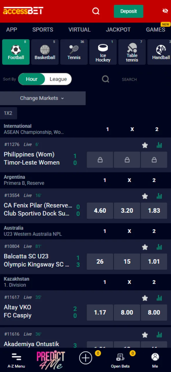 Access the live section of AccessBet for in-play sports.