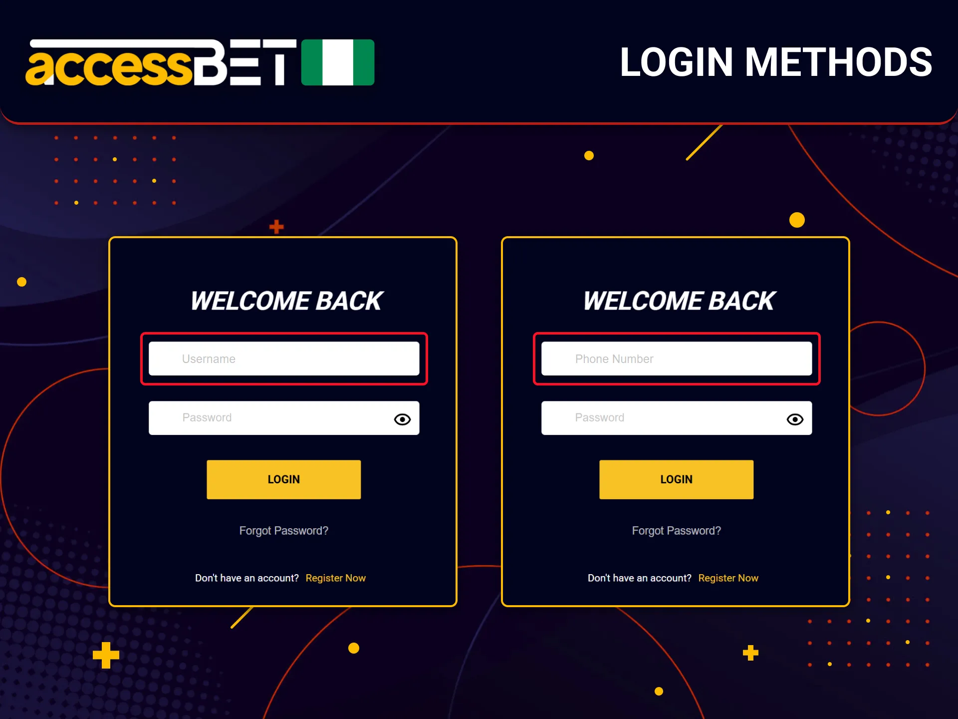 AccessBet in Nigeria supports multiple convenient login methods.
