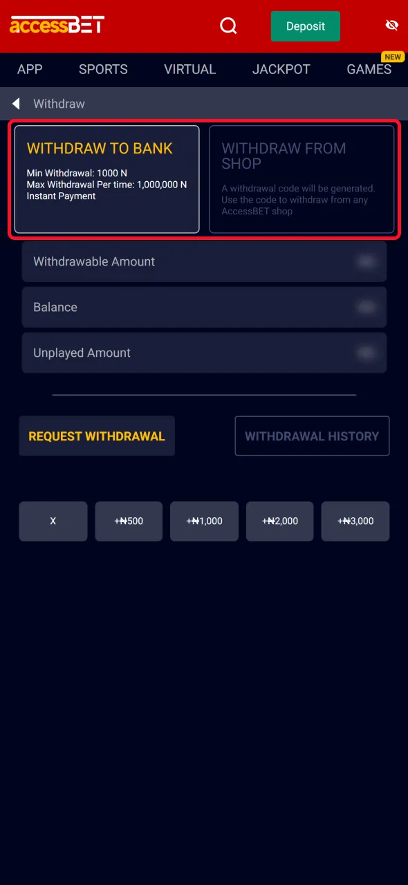 Choose your preferred withdrawal option on the AccessBet platform.