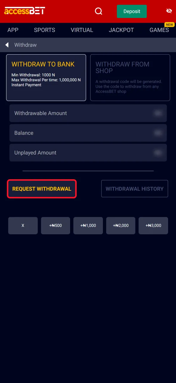 Confirm the withdrawal request with AccessBet to complete your transaction.