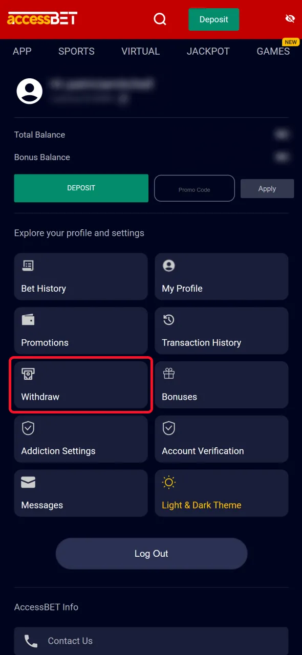 Go to the withdrawal section on AccessBet to begin the process.