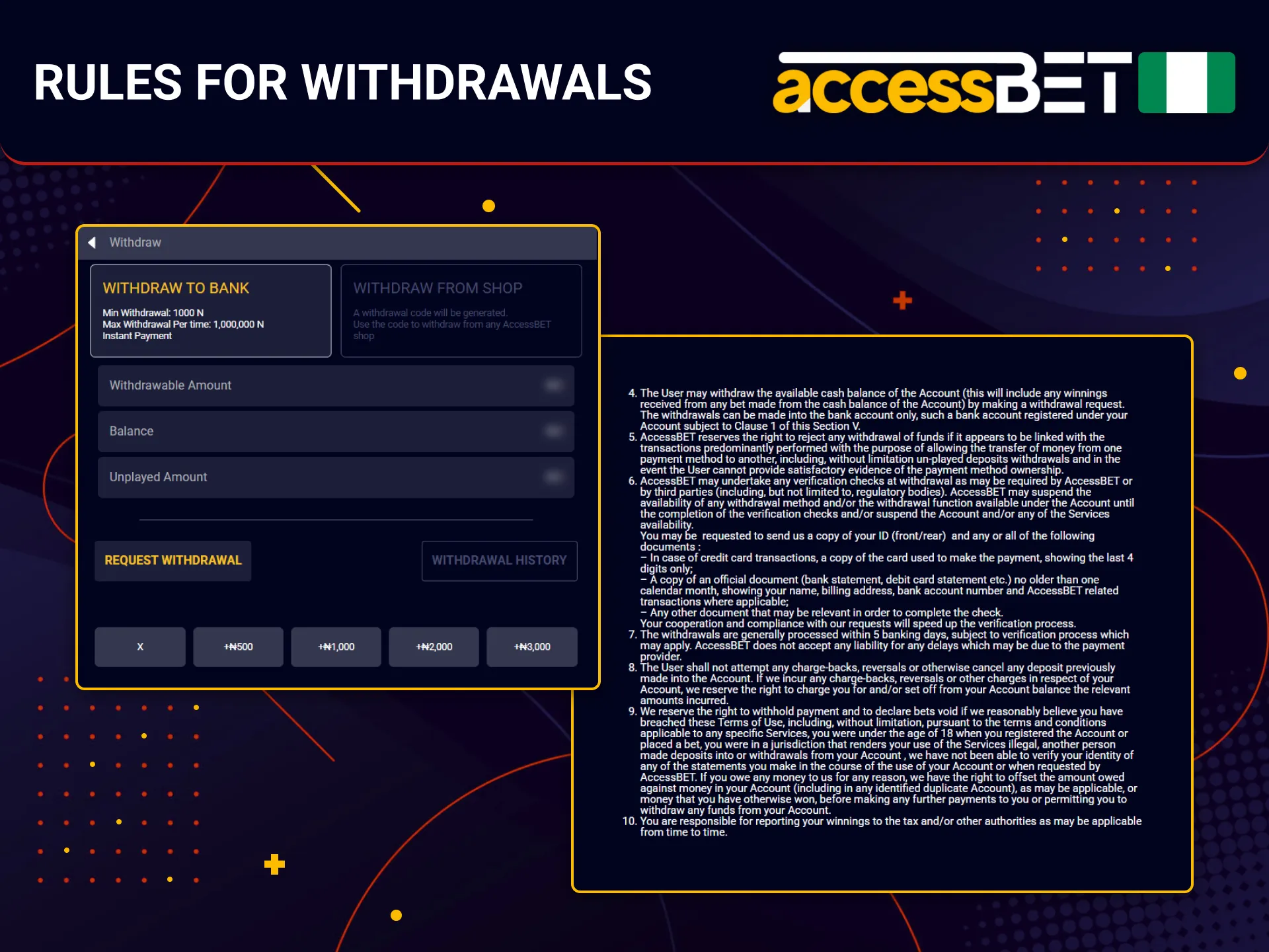 Players from Nigeria should follow AccessBet rules for smooth withdrawals.