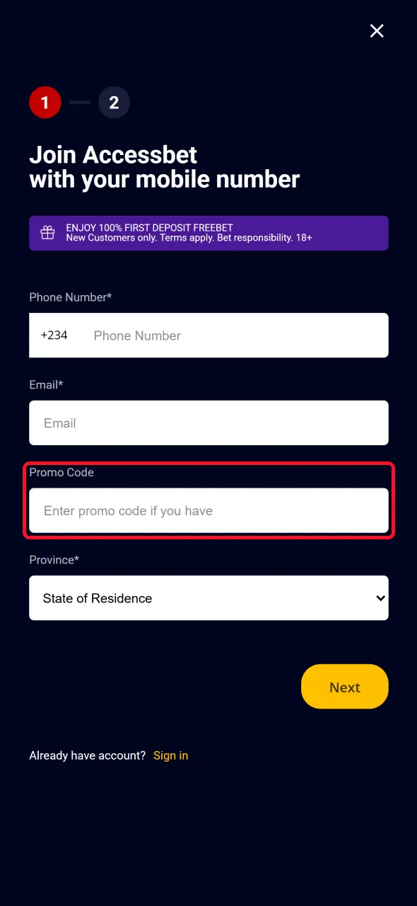 Enter your AccessBet promo code to receive available bonus offers.