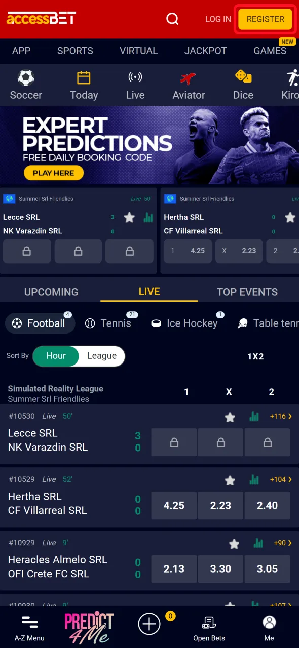 Click register to open your AccessBet Nigeria sign-up form.
