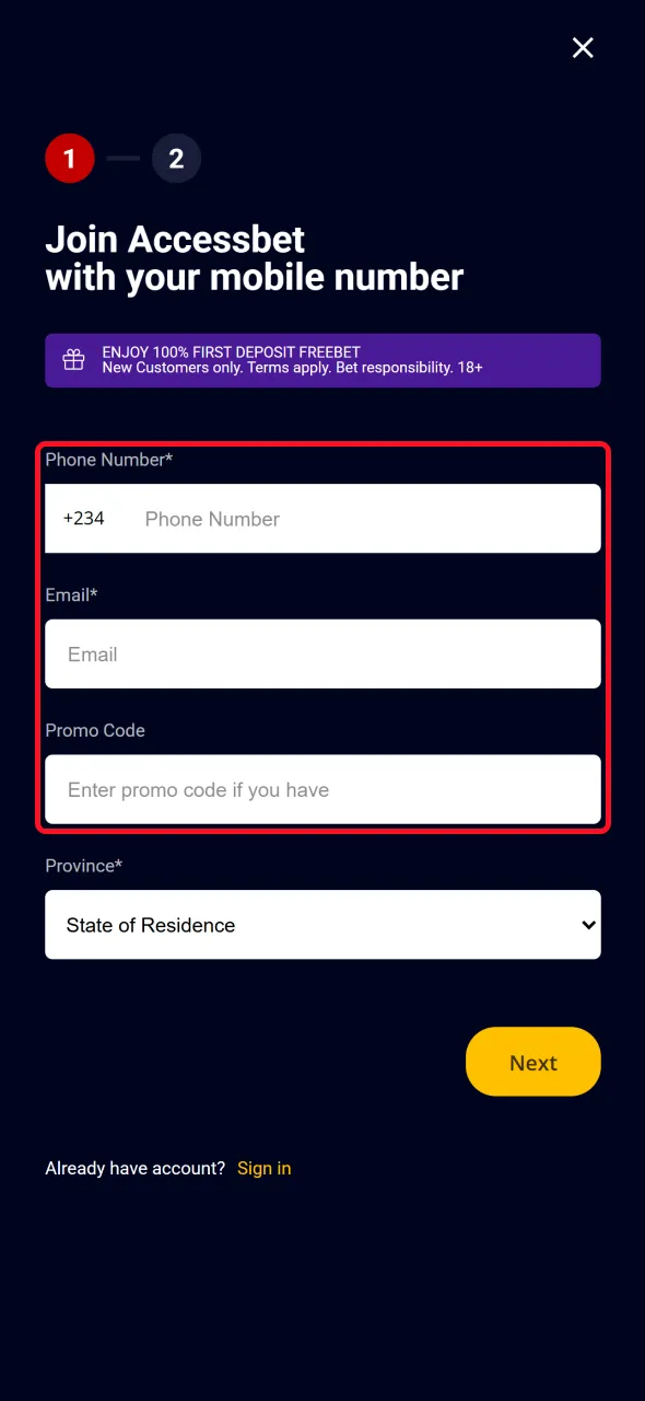Complete the AccessBet registration form with accurate personal details.