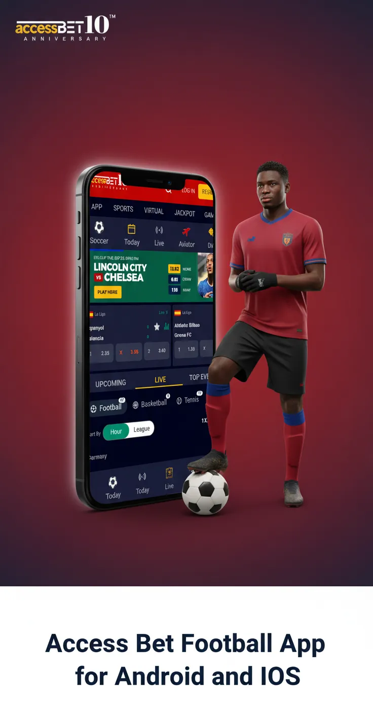 Access Bet football app on Android and iOS: smartphone screens with live odds, quick login, cash out, and notifications.