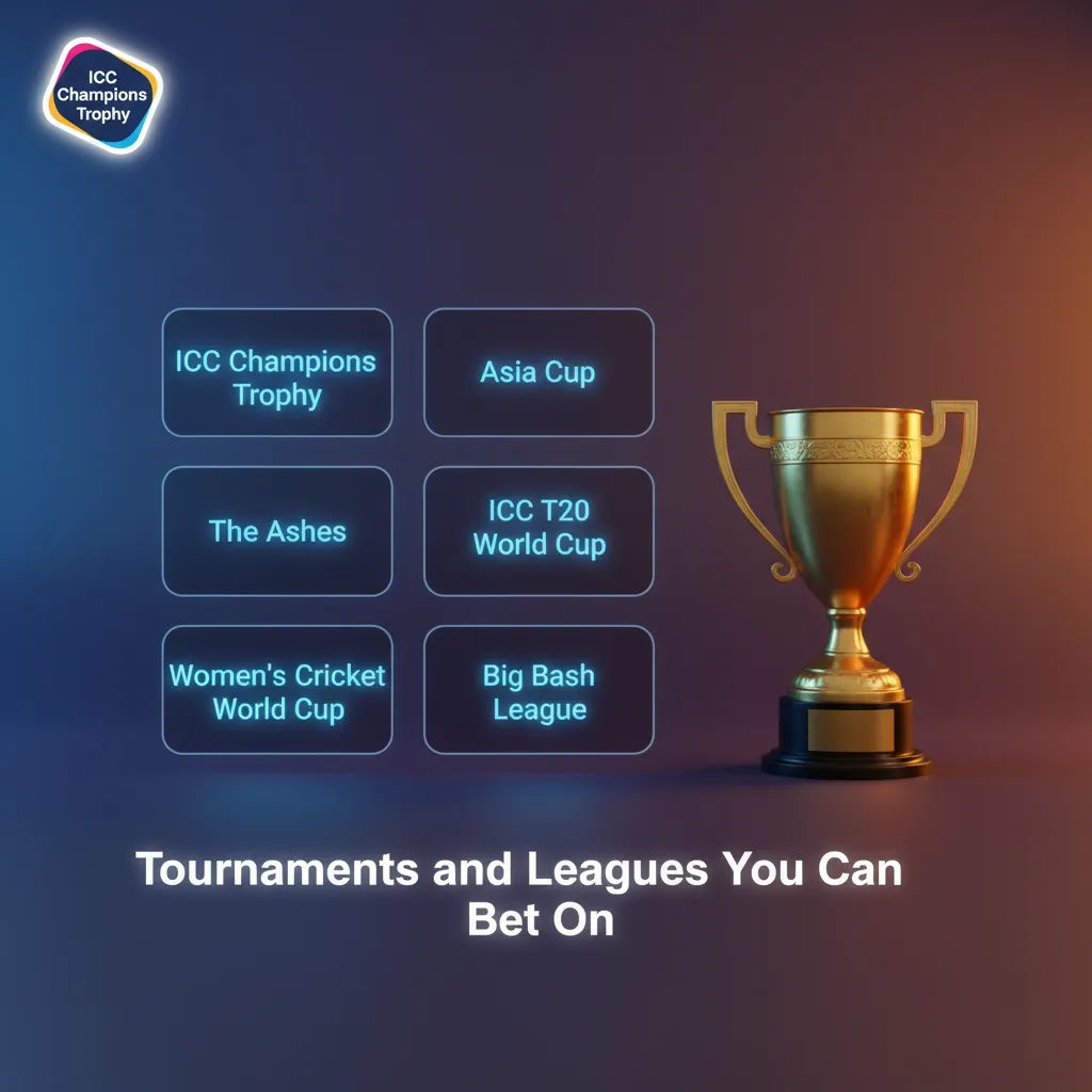 Cricket betting leagues and tournaments: World Cups, Ashes, IPL, PSL, BBL, CPL, plus markets like Match Winner and Top Batter