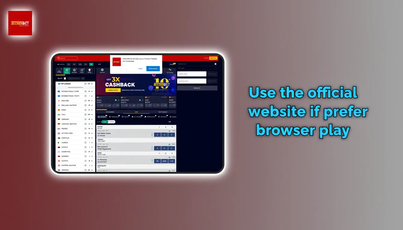Official Access Bet website on a desktop browser, offering betting, live casino, slots, and account management without app.