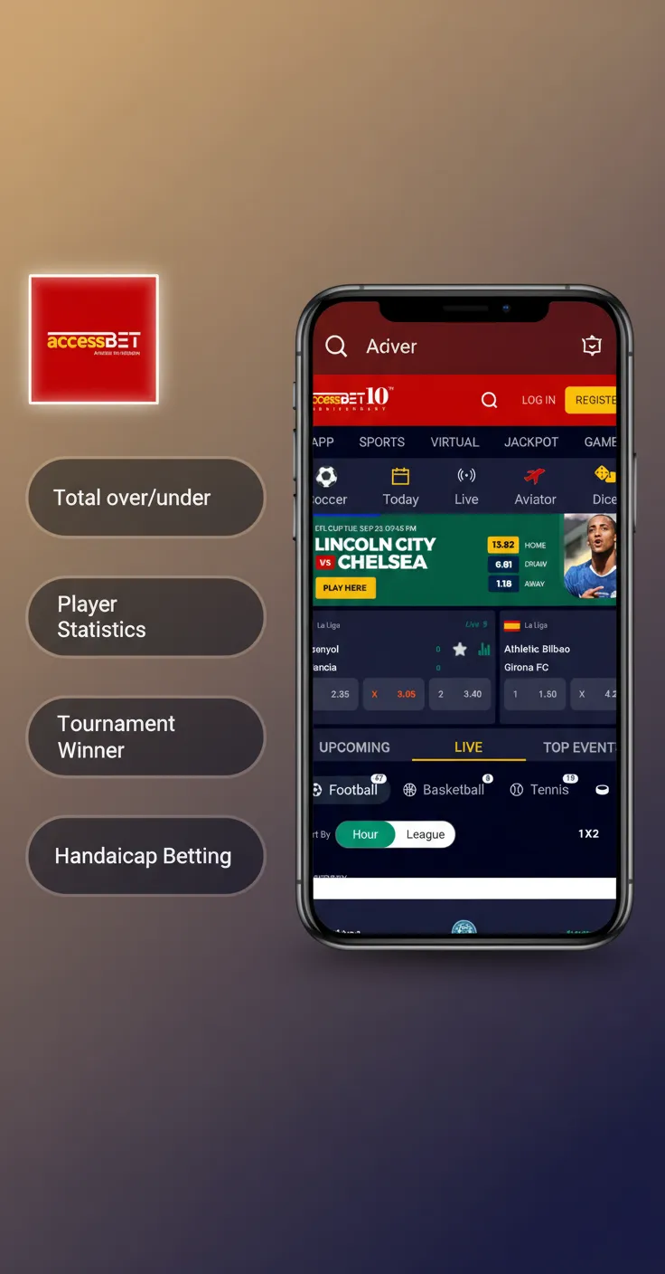 Access Bet app screen showing bet types: Single, Accumulator, System, Handicap, Over/Under; choose based on risk and payout.