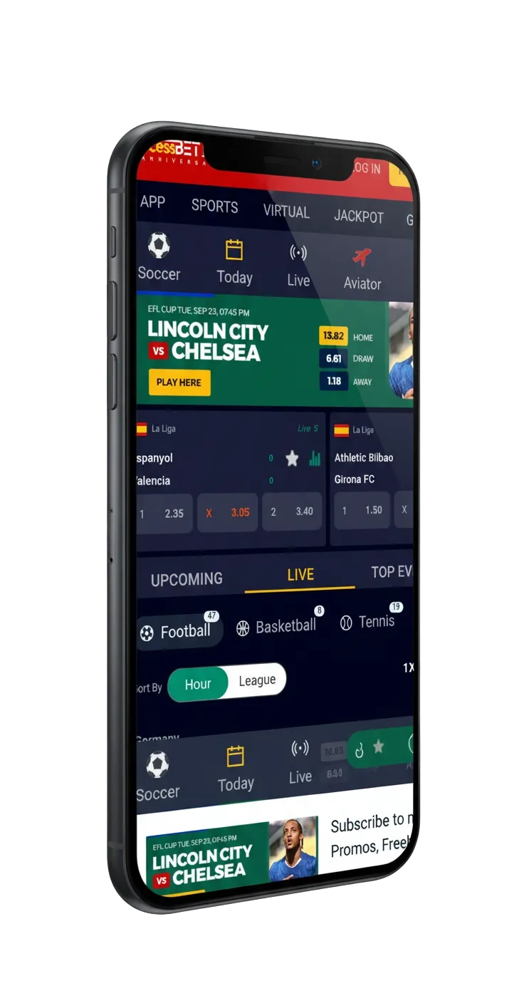 Access Bet for iPhone and iPad: bet in NGN on sports and casino. 100% bonus up to 10,000 NGN. Fast, secure, quick bets.
