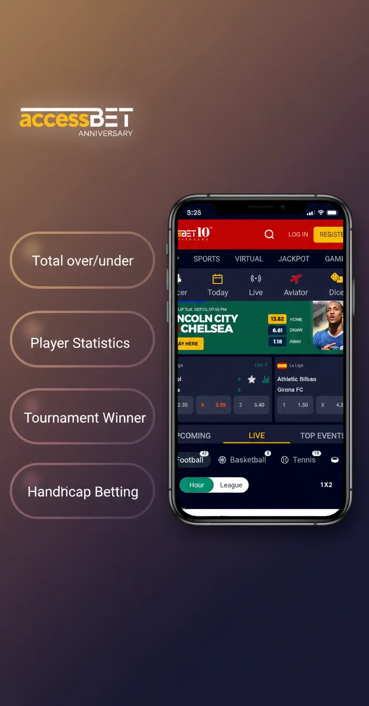 List of bet types on Access Bet's app: Single, Accumulator, Treble, System, Over/Under, BTTS, Handicap, Live/In-Play.